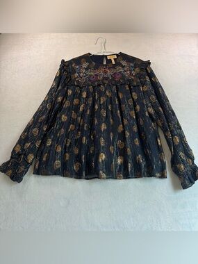 Verb Navy Blouse with Gold Metallic Polka Dots and Multicolor Embroidery